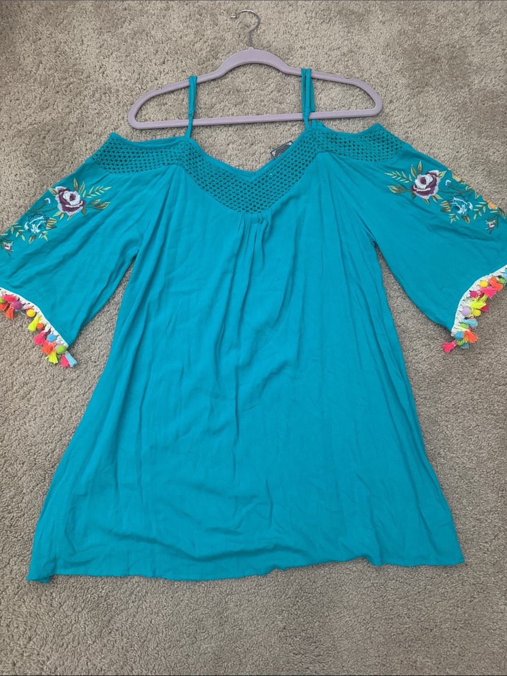 Umgee Cold-Shoulder Embroidered Teal Women’s Top